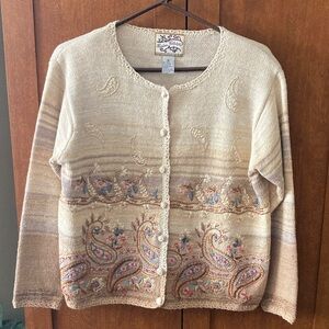 Heirloom Collectibles Beige Cream Knit Embroidered Cardigan M Vintage